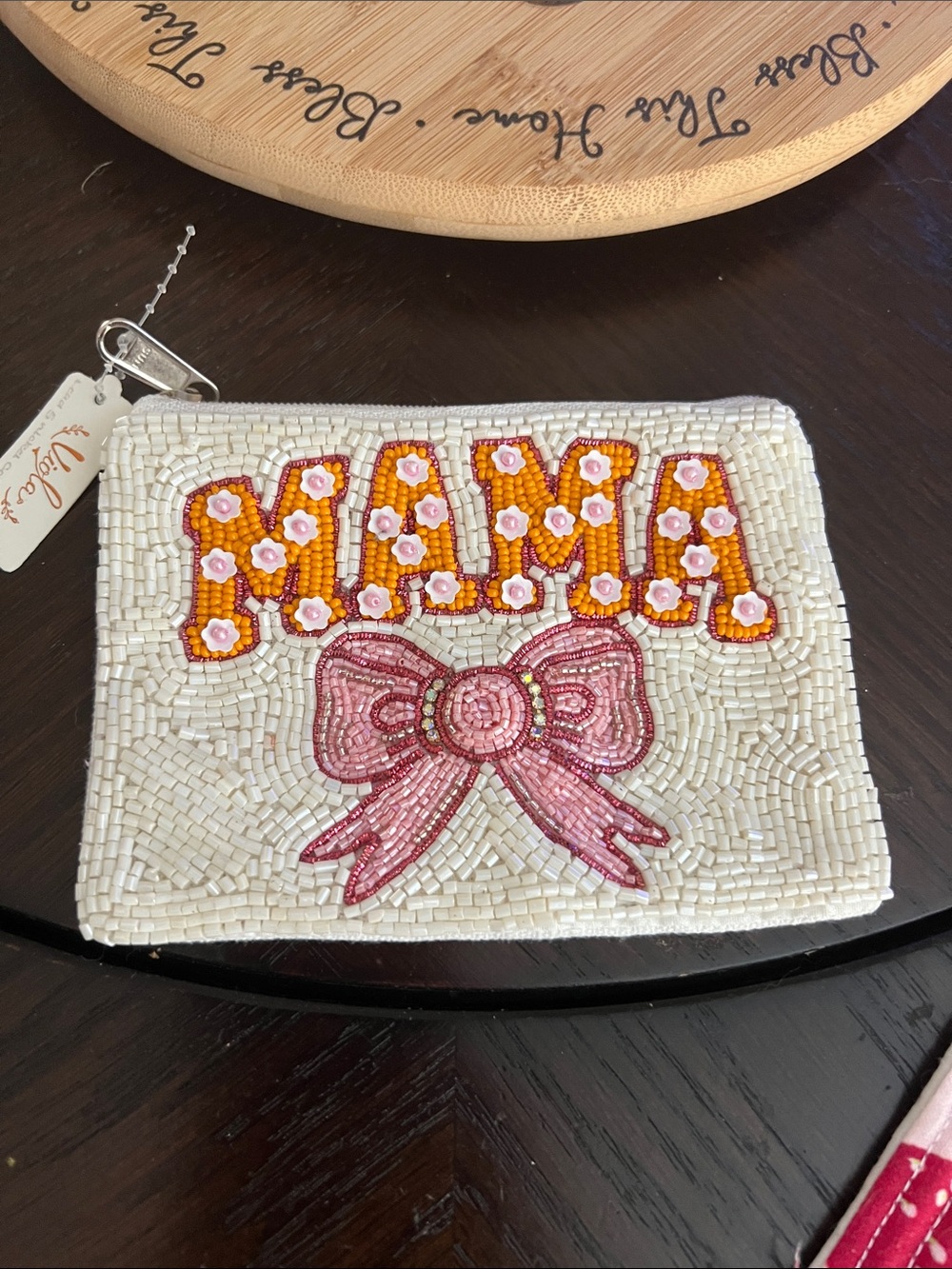 NWT Beaded 'MAMA' Pouch with Pink Bow